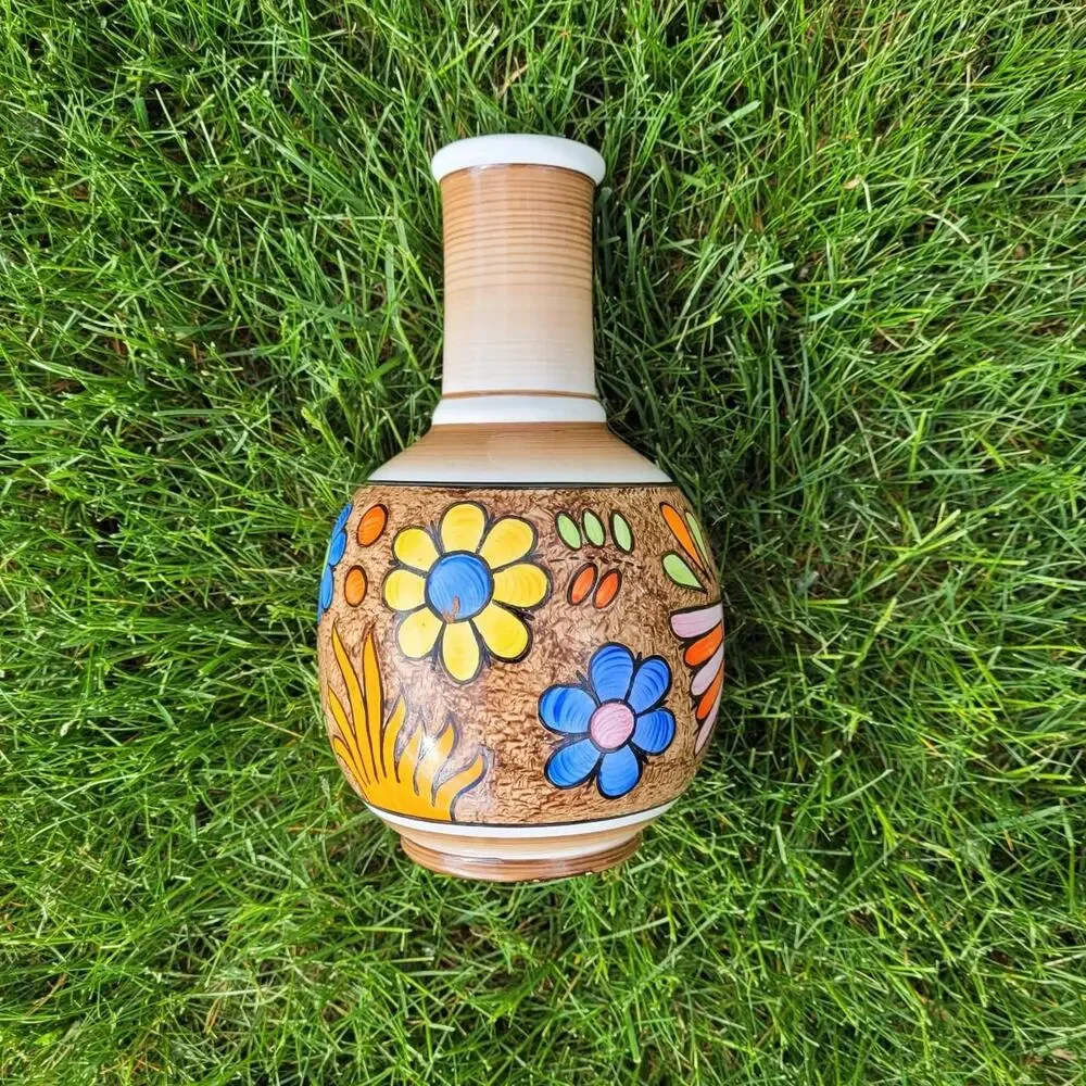 Hand Painted Folkart Floral Ceramic Vase with Birds 8 inch Cuernavaca Mexico